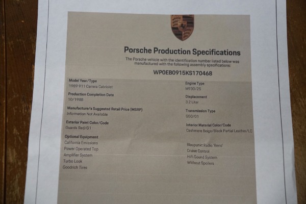 Used 1989 Porsche 911 Turbo Look 2 Door Cabriolet with 49K original miles | Torrance, CA