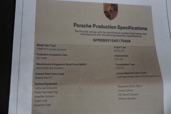 Used 1989 Porsche 911 Turbo Look 2 Door Cabriolet with 49K original miles | Torrance, CA